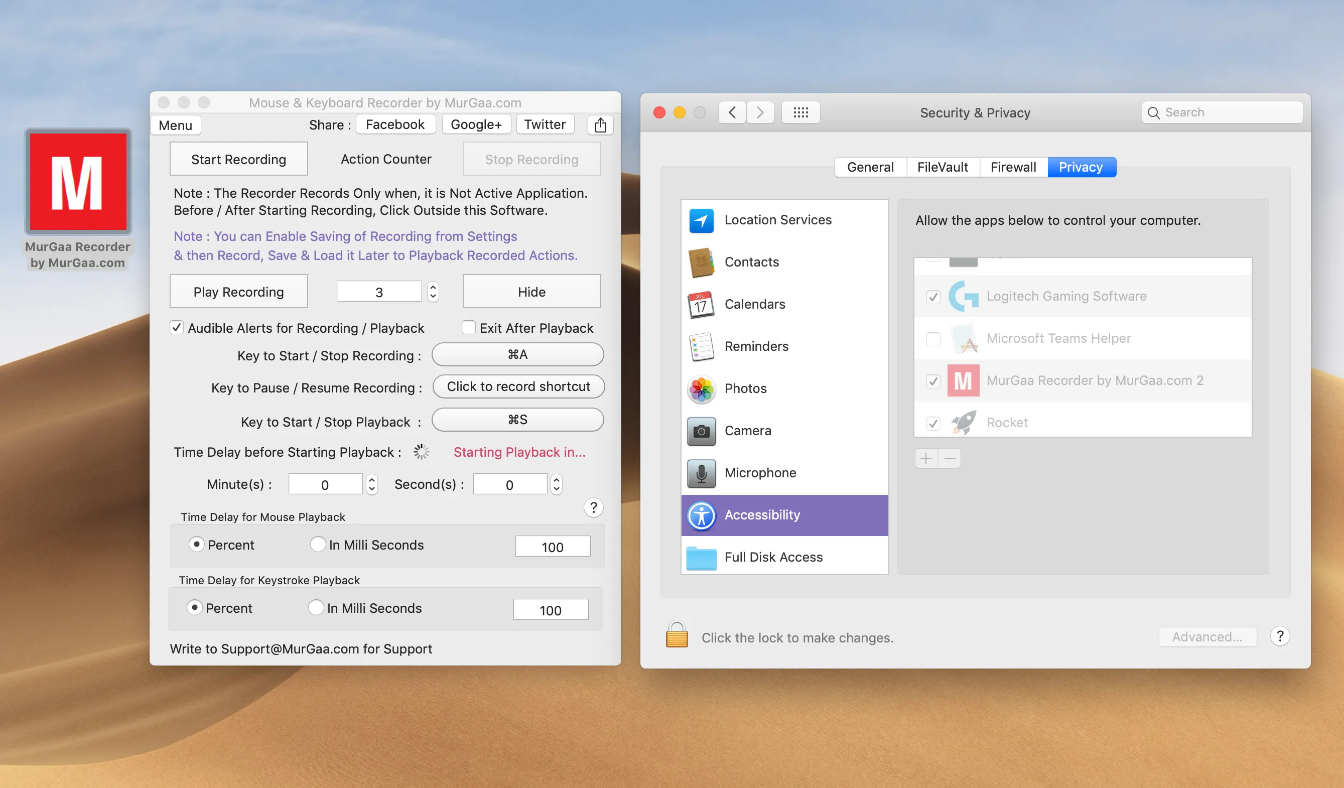MurGaa Mouse & Keyboard Recorder window on macOS